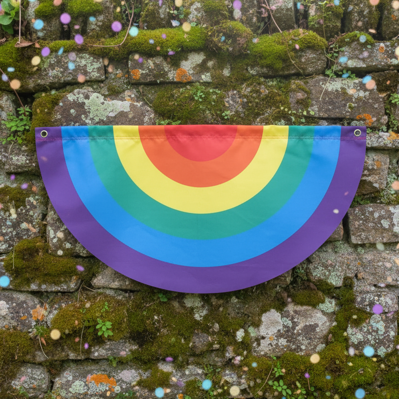 Half-circle rainbow bunting with concentric stripes against a moss-covered stone wall