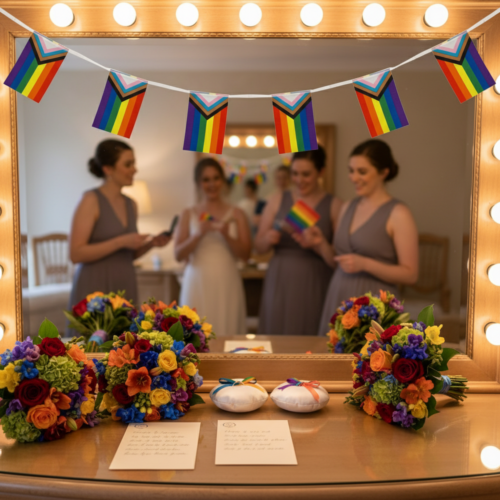 Progress Pride flag bunting draped across a lit dressing-room mirror