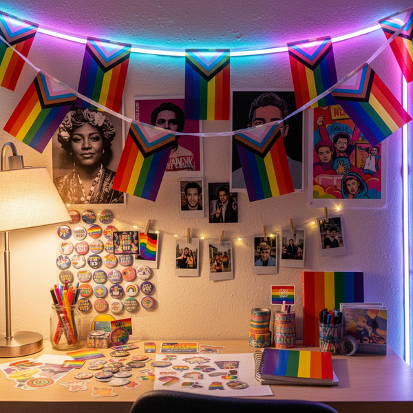 Rainbow Progress Pride flag bunting drapes across a colorful Pride-themed workspace