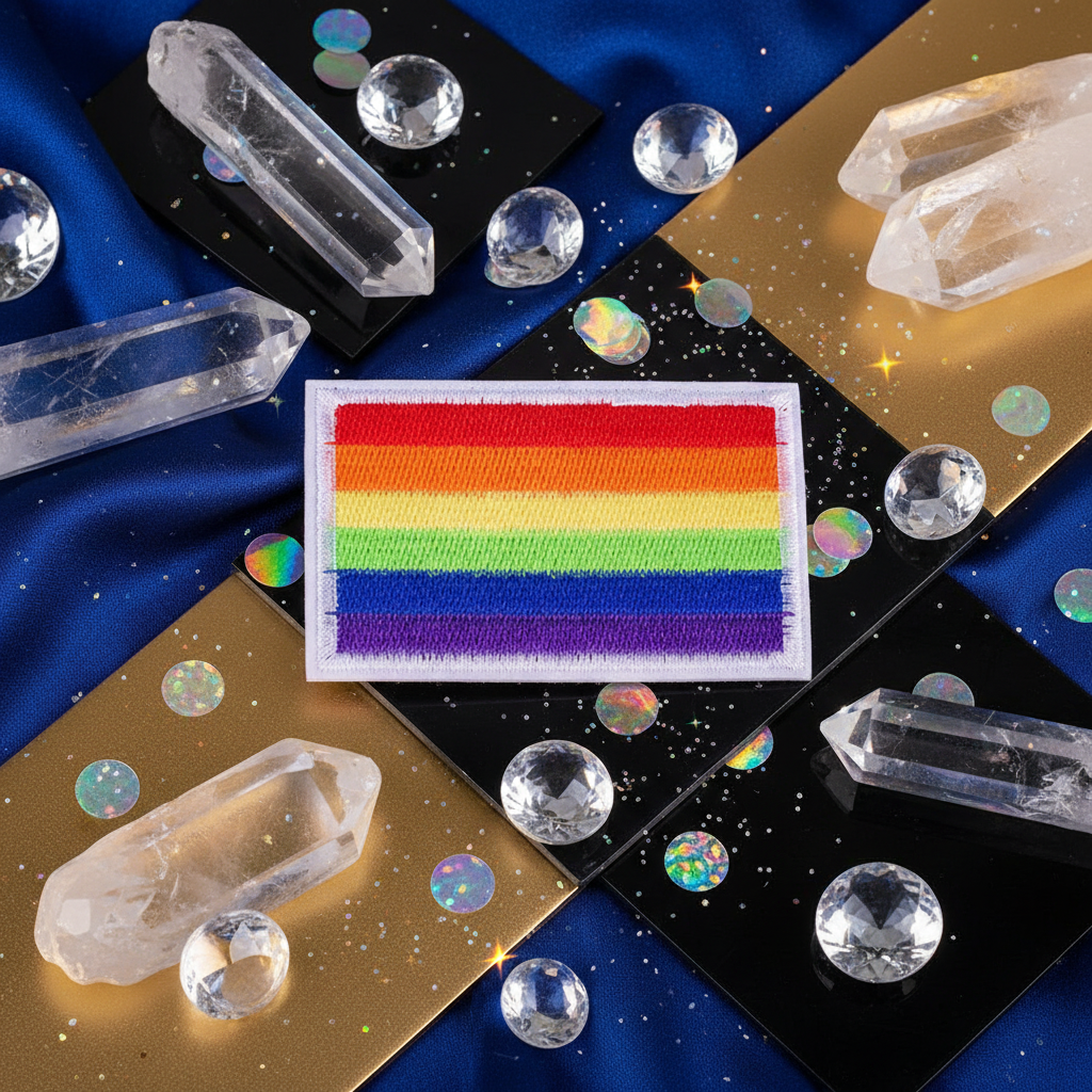 LGBT Pride Flag embroidered iron-on patch on shiny blue and gold fabric, with clear quartz, iridescent sequins