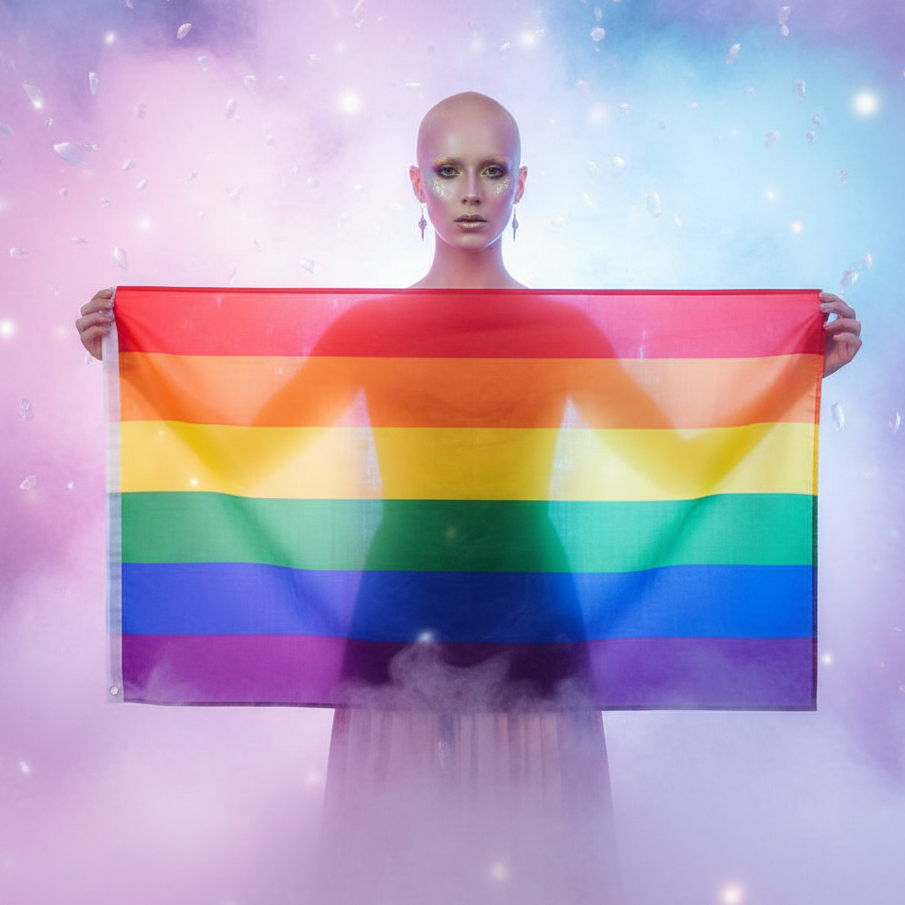 Rainbow LGBT Pride flag held up by a bald model against a pink and blue glowing backdrop