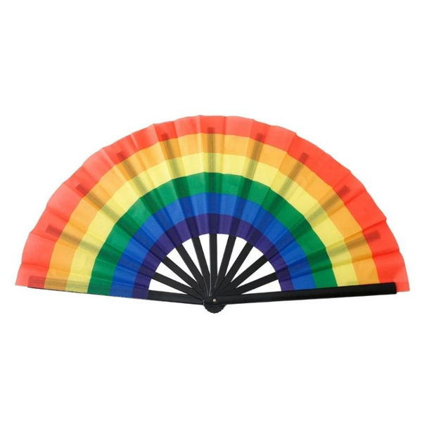 Open folding fan with rainbow Pride stripes and black ribs on a white background