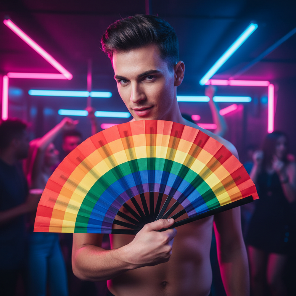 Open rainbow folding fan held across a shirtless model's torso at a neon-lit party