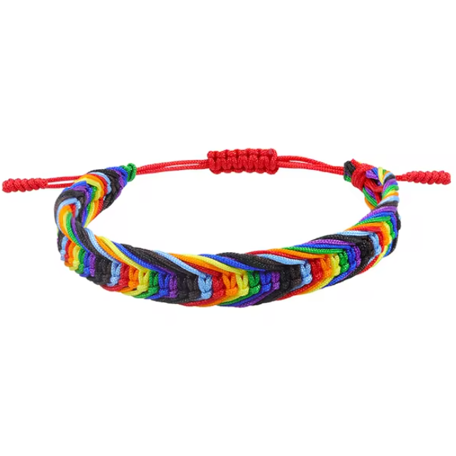 Rainbow woven friendship bracelet shown front-facing with red adjustable cord and slider