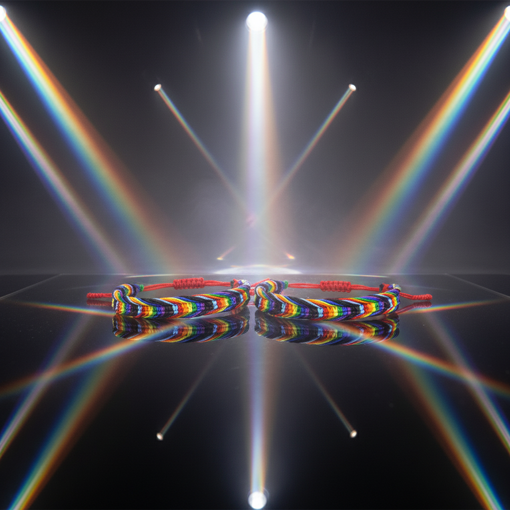 Two rainbow-striped woven bracelets with red adjustable cords on a reflective black surface