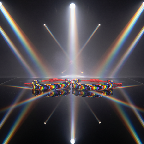 Two rainbow-striped woven bracelets with red adjustable cords on a reflective black surface