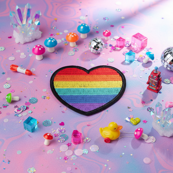 LGBT Pride heart embroidered iron-on patch on a pastel swirly background, with playful toys, glitter, sequins and confetti.