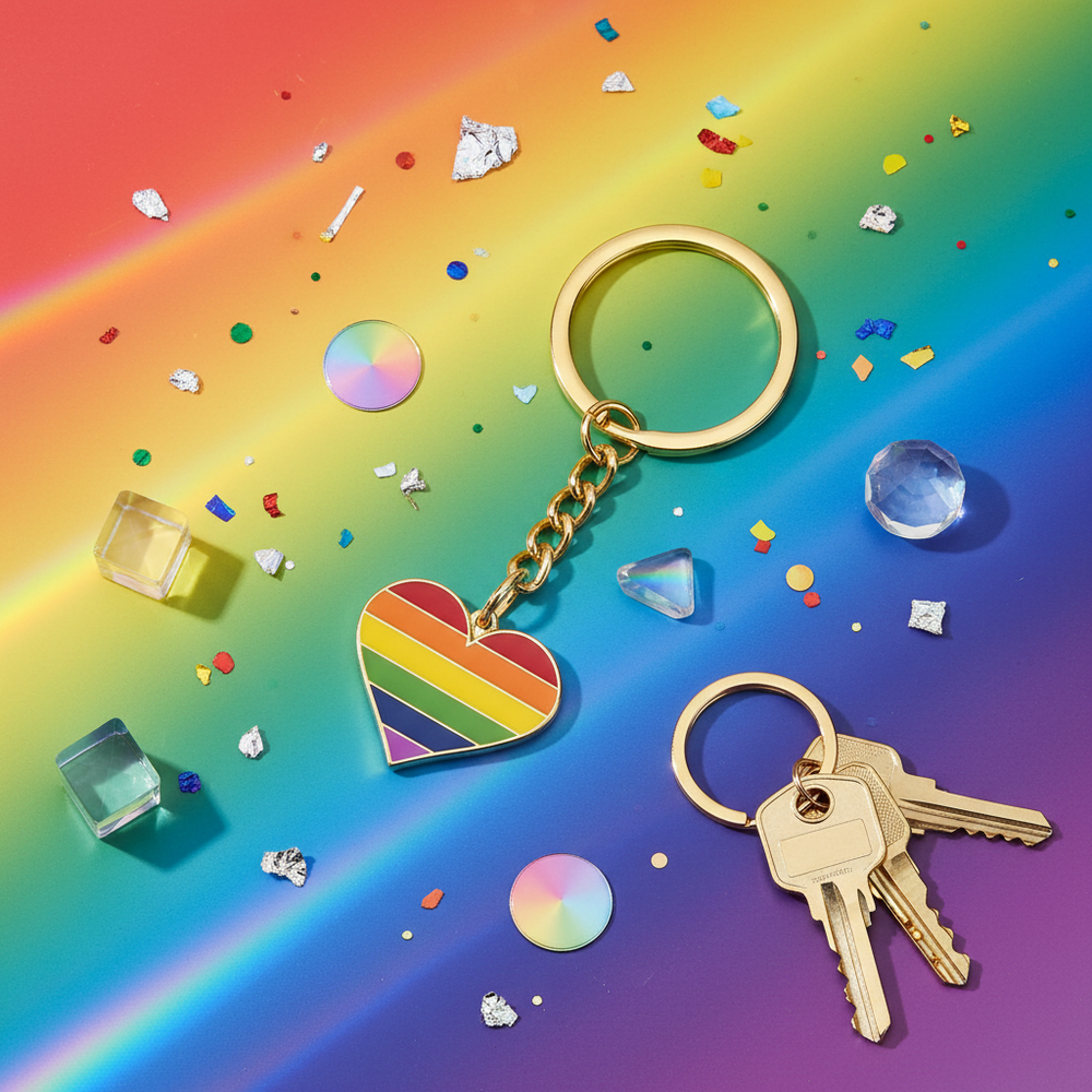 Rainbow heart LGBT Pride keychain beside keys on a colorful rainbow background