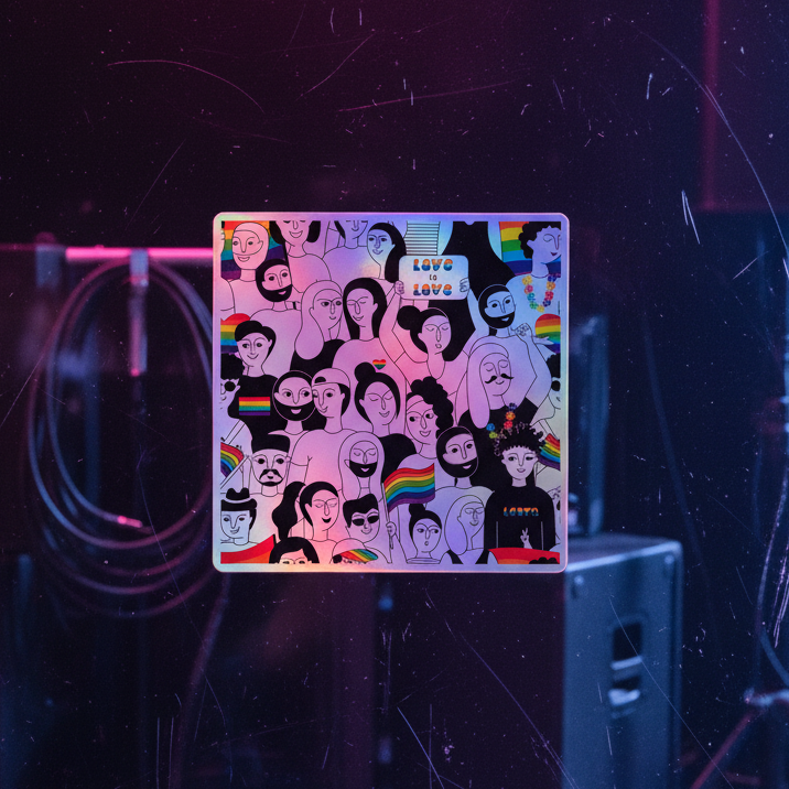 LGBT Pride Holographic Stickers and rainbow flags held by a diverse group; “LOVE” repeats over a dark
