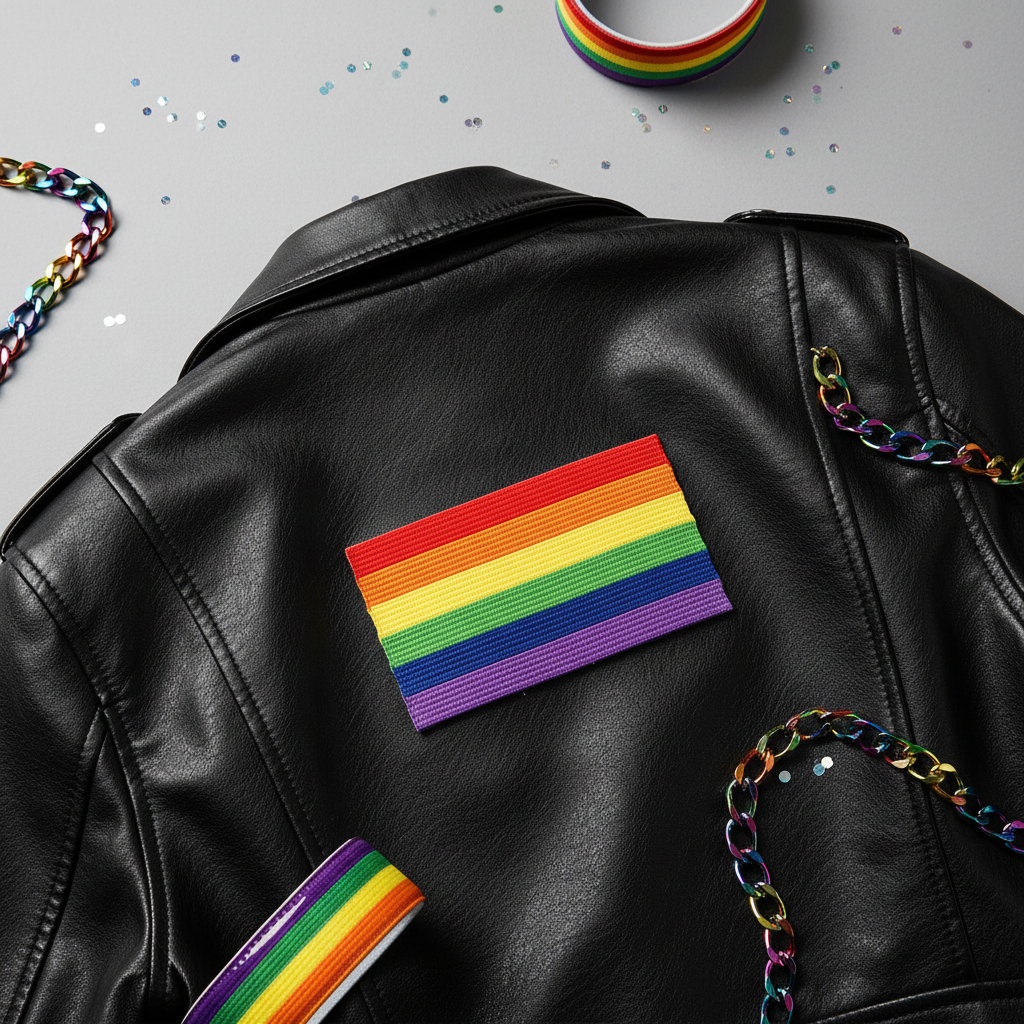 Black leather jacket with LGBT Pride Iron On Embroidered Patch, surrounded by rainbow ribbon, rainbow chain