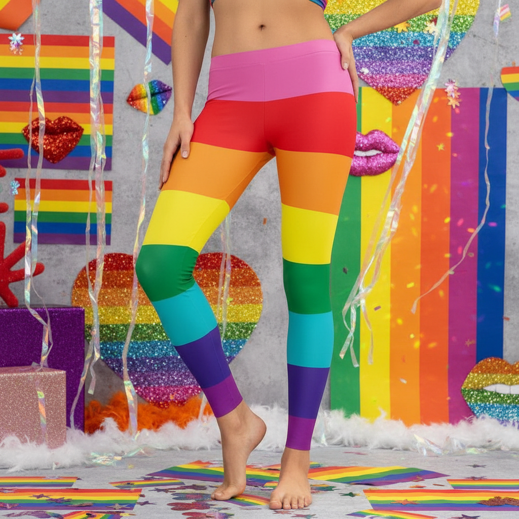 LGBTQ+ Pride leggings on a barefoot person, with rainbow flags, hearts, lips, tinsel
