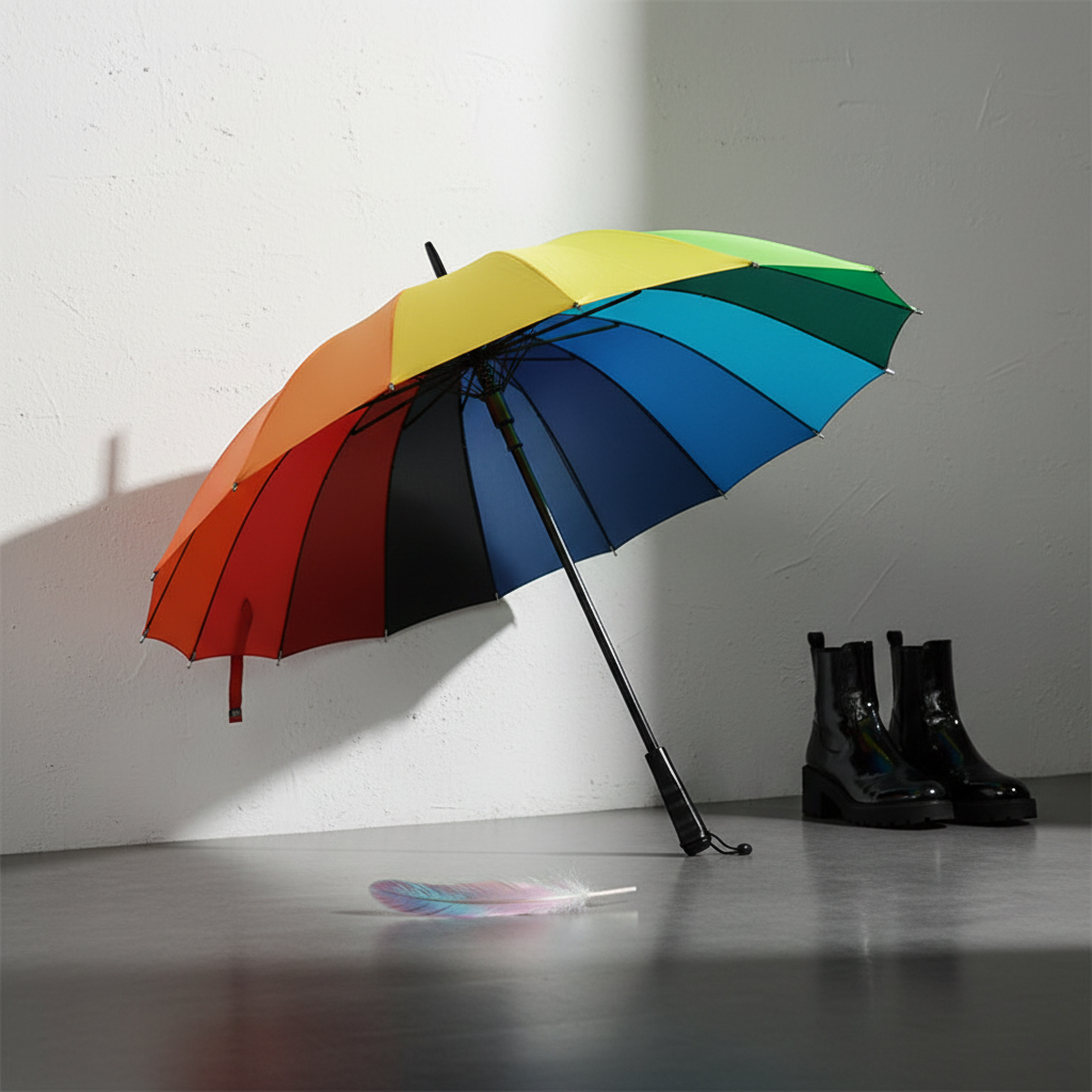 LGBT Pride long handle umbrella opens on a grey floor, shadow on white wall