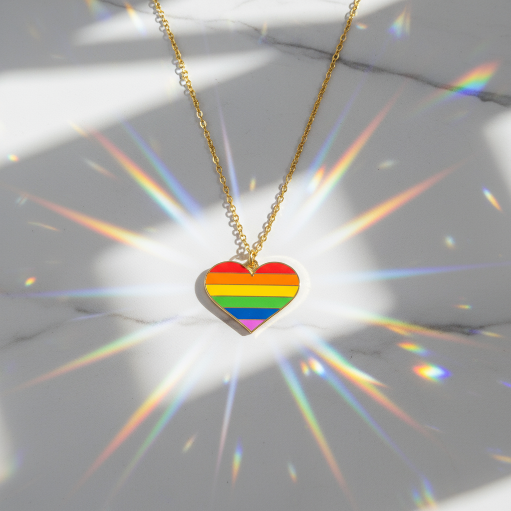 Gold-tone chain necklace with a rainbow-striped heart pendant on a reflective surface