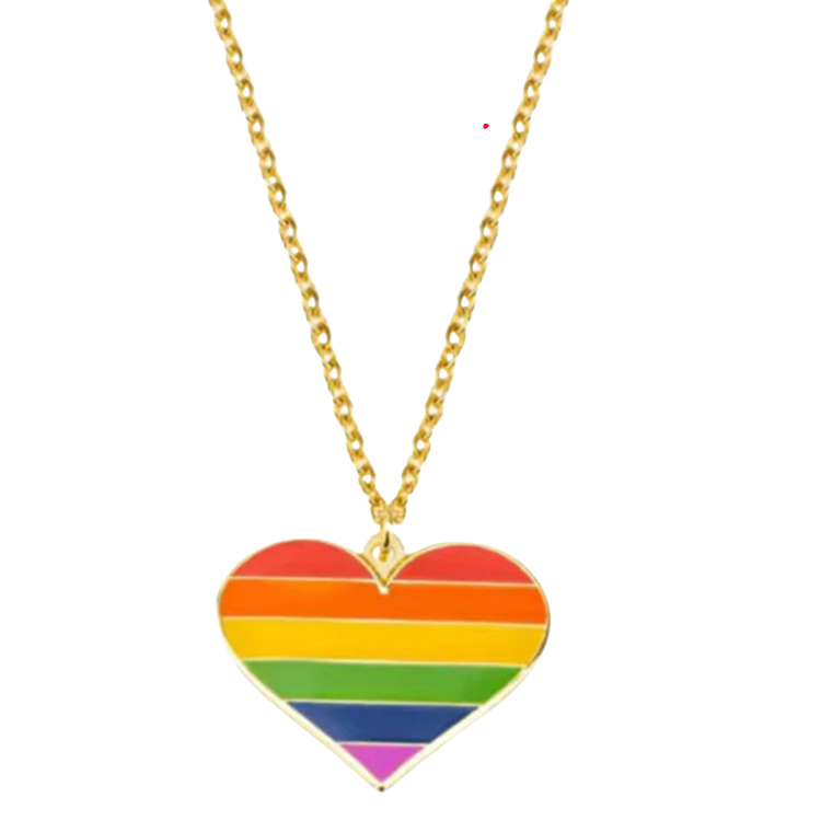 Gold-tone chain necklace with a rainbow-striped heart pendant on a white background