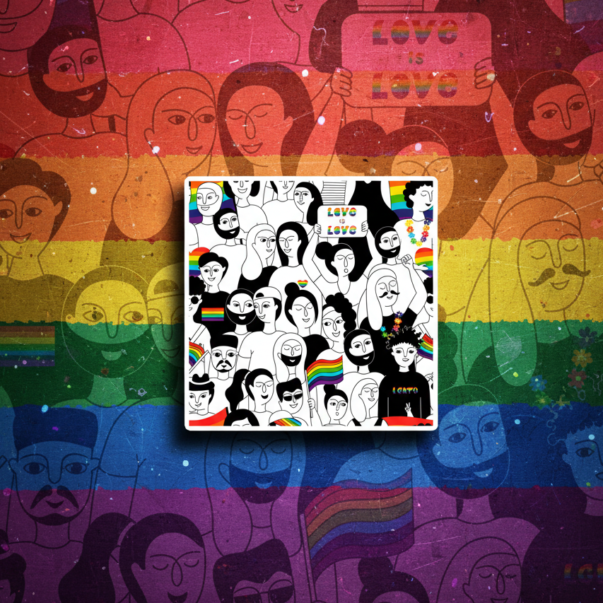 LGBT Pride Magnet with diverse people, rainbow flags, and "Love is Love" signs