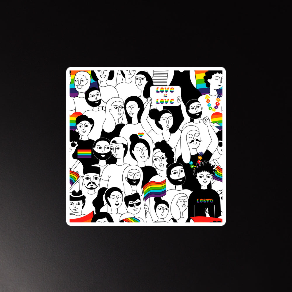 Square Pride magnet showing a diverse illustrated crowd, rainbow flags, and “LOVE is LOVE” lettering