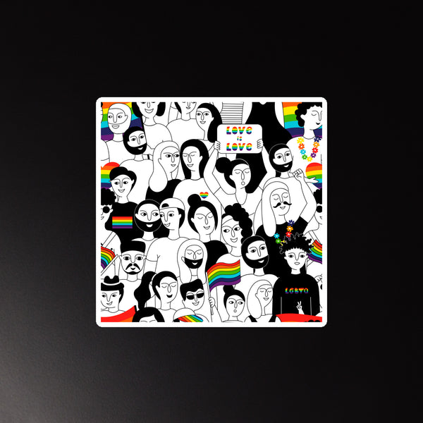Square Pride magnet showing a diverse illustrated crowd, rainbow flags, and “LOVE is LOVE” lettering