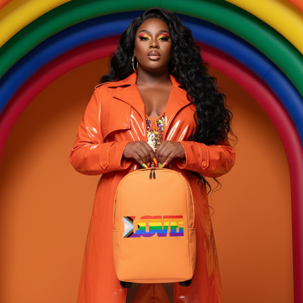 LGBT Pride Minimalist Backpack with "LOVE" in rainbow letters, held by person in orange vinyl coat and rainbow makeup
