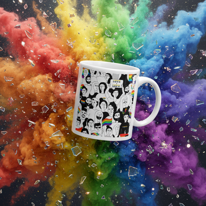 White mug with black-and-white illustrated faces and small rainbow flags, angled right