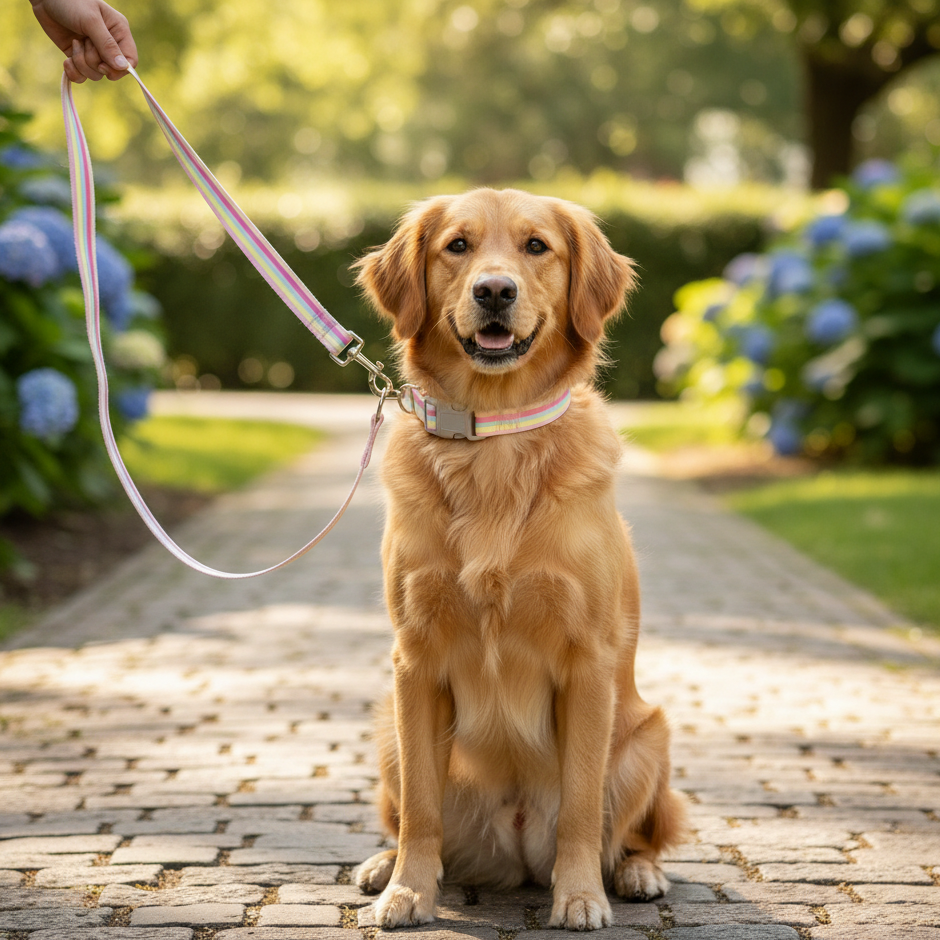 Golden retriever in pink collar and LGBT Pride nylon leash sits on cobblestones among hydrangeas, sunlight through trees