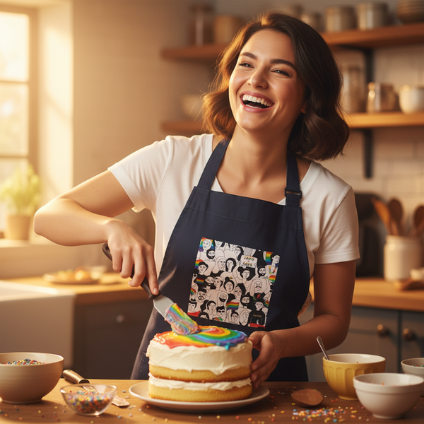 Smiling person in a dark apron decorates a rainbow-topped layer cake in a kitchen