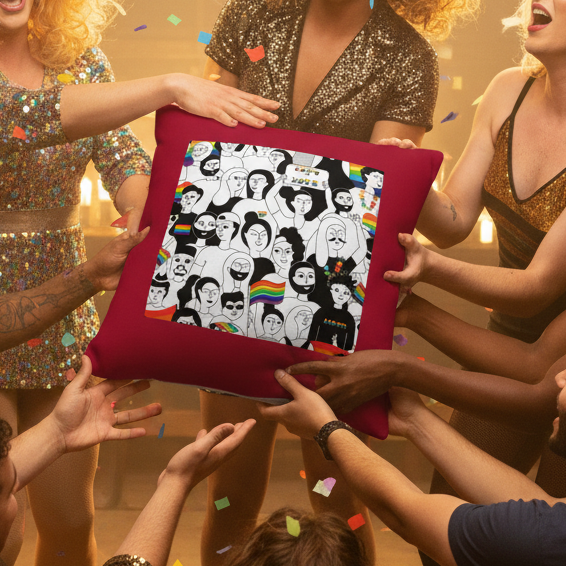 A group reaches for the LGBT Pride Pillow, a premium cushion showing black-and-white faces and rainbow flags with confetti