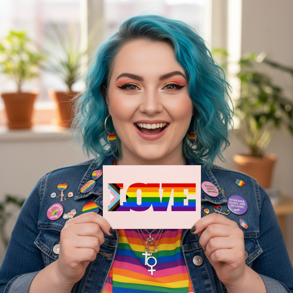 LGBTQ+ Pride postcard with “LOVE” in rainbow and inclusive flag colors