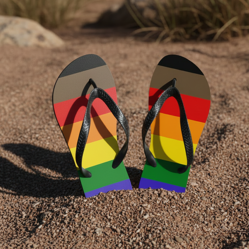 Pride Progress flag flip-flops with black straps and rainbow soles plus brown and black stripes, upright on sand with grass