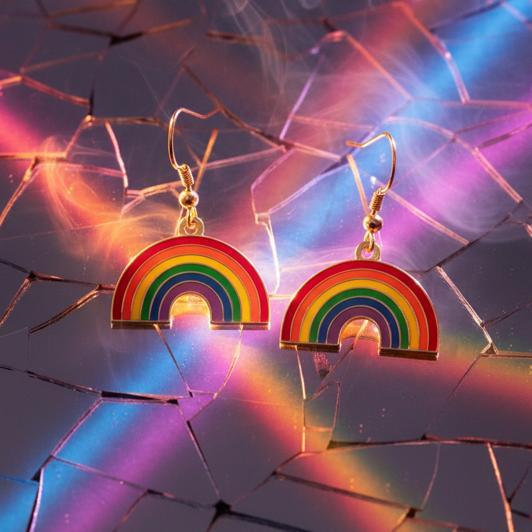 Pair of gold-tone rainbow arch drop earrings on a colorful cracked surface