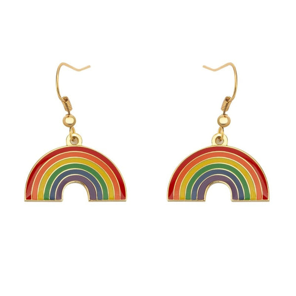 Pair of gold-tone rainbow arch earrings shown front-facing on a white background
