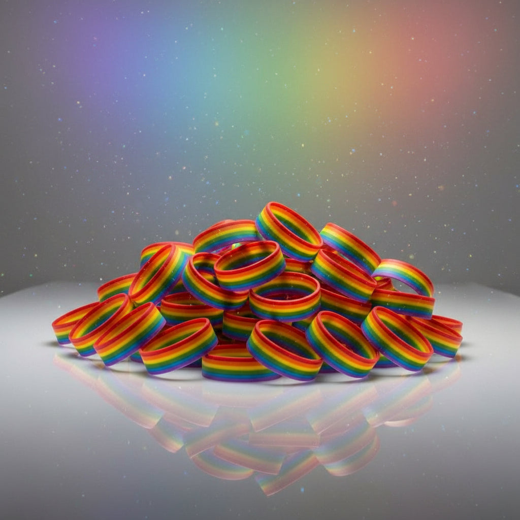Pile of rainbow-striped rubber wristbands arranged on a reflective surface