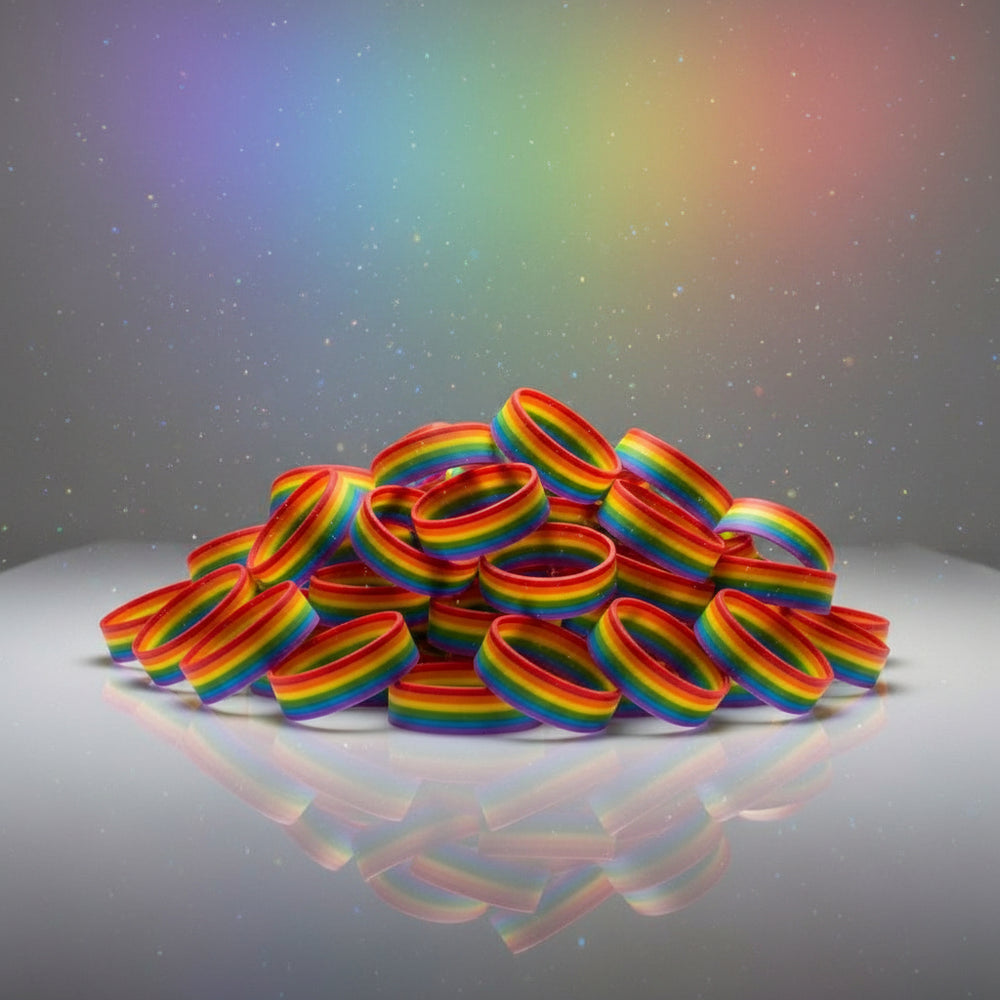 Pile of rainbow-striped rubber wristbands arranged on a reflective surface