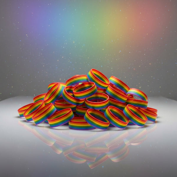 Pile of rainbow-striped rubber wristbands arranged on a reflective surface