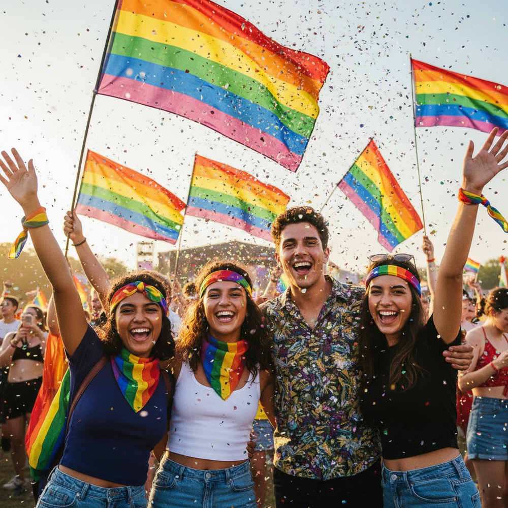Friends wearing rainbow Pride bandanas at an outdoor festival beneath rainbow flags