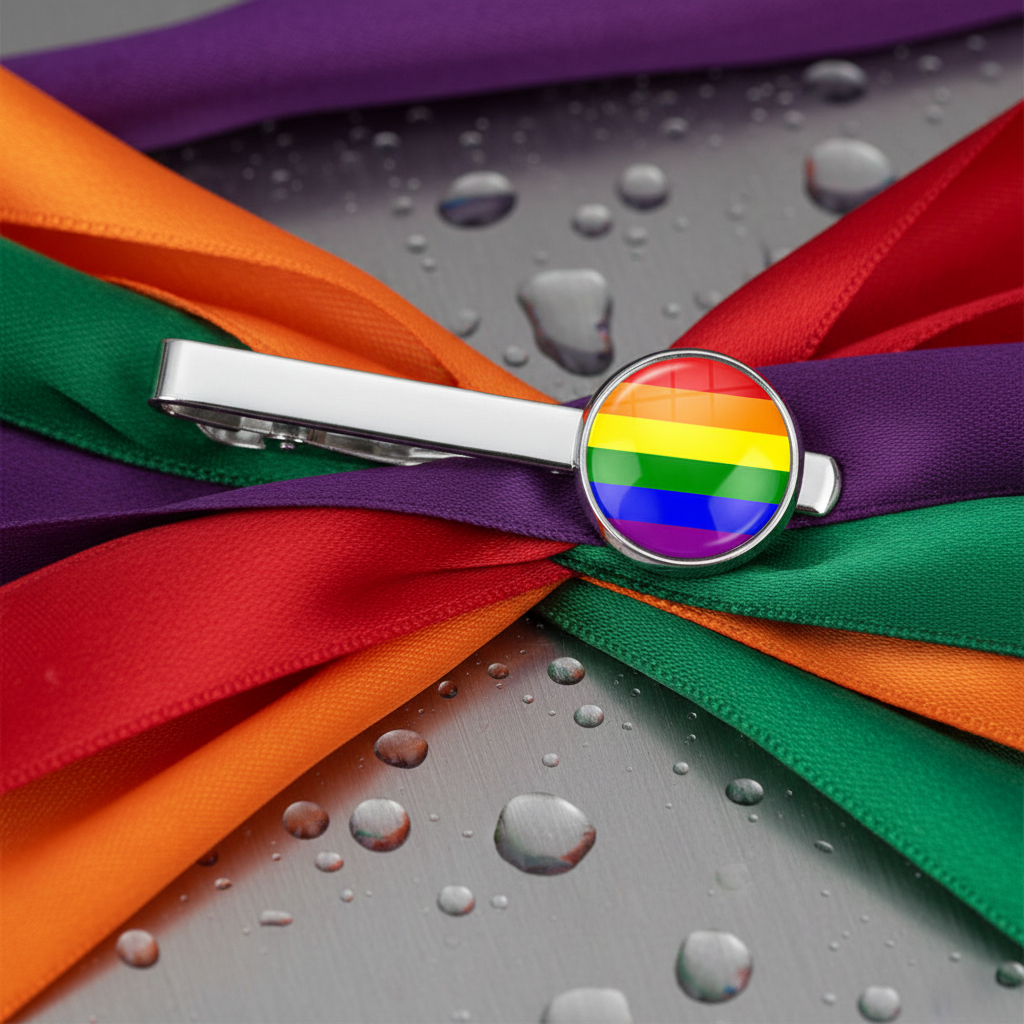 LGBT Pride tie clip with round pride flag emblem on crossed orange, purple, green