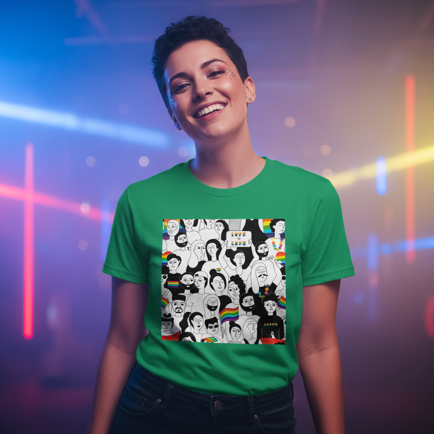 LGBT Pride T-shirt, soft cotton, features rainbow-hued cartoon folks, pride flags, neon accents