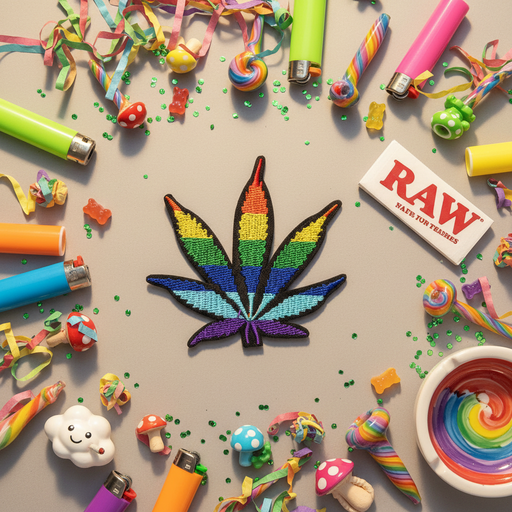 LGBT Pride weed leaf iron-on embroidered patch at center, surrounded by rainbow lighters, confetti, toy mushrooms