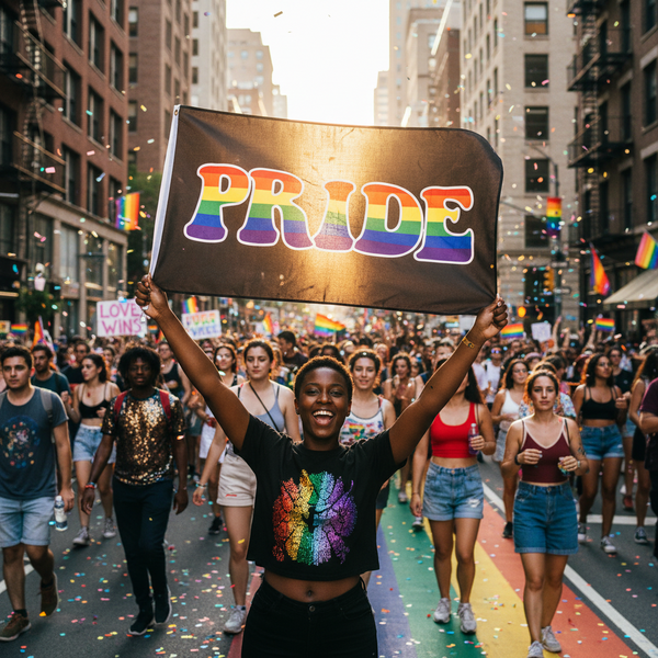 Close-up of a black Pride flag reading “PRIDE” in rainbow stripes at a city parade