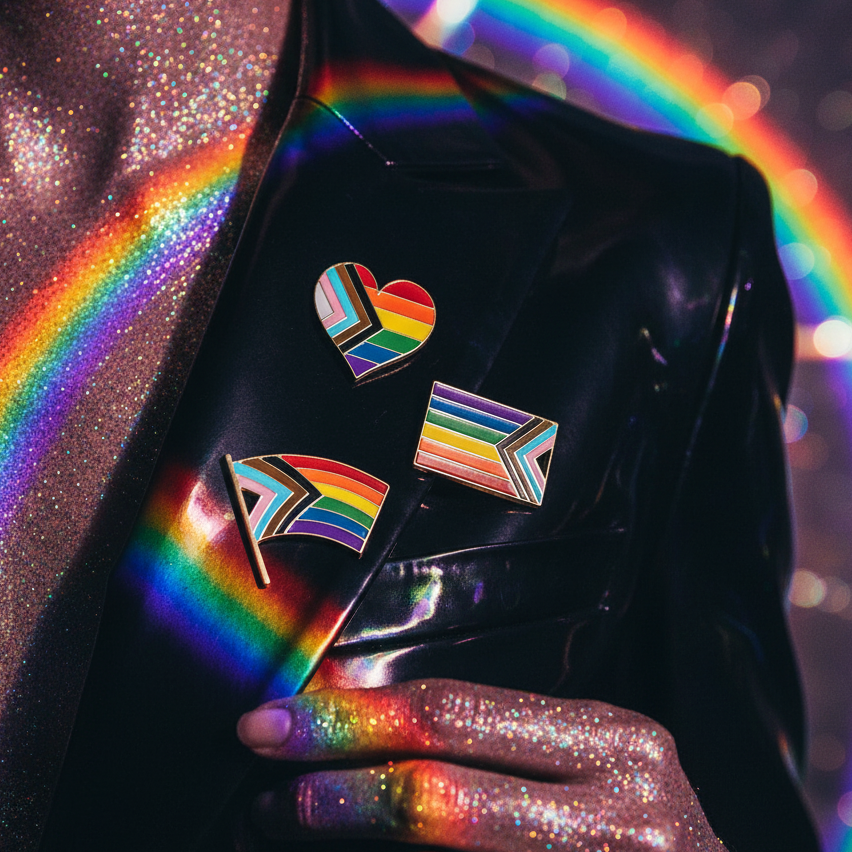 Three Progress Pride enamel pins arranged on a glossy black jacket beside a glittery hand