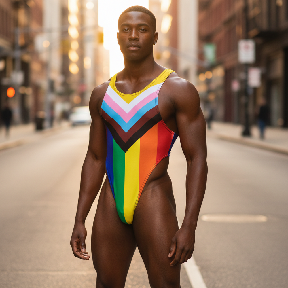 Progress Pride Bodysuit: form-fitting with rainbow, black, brown, pink, and blue chevron stripes on a confident Black man.