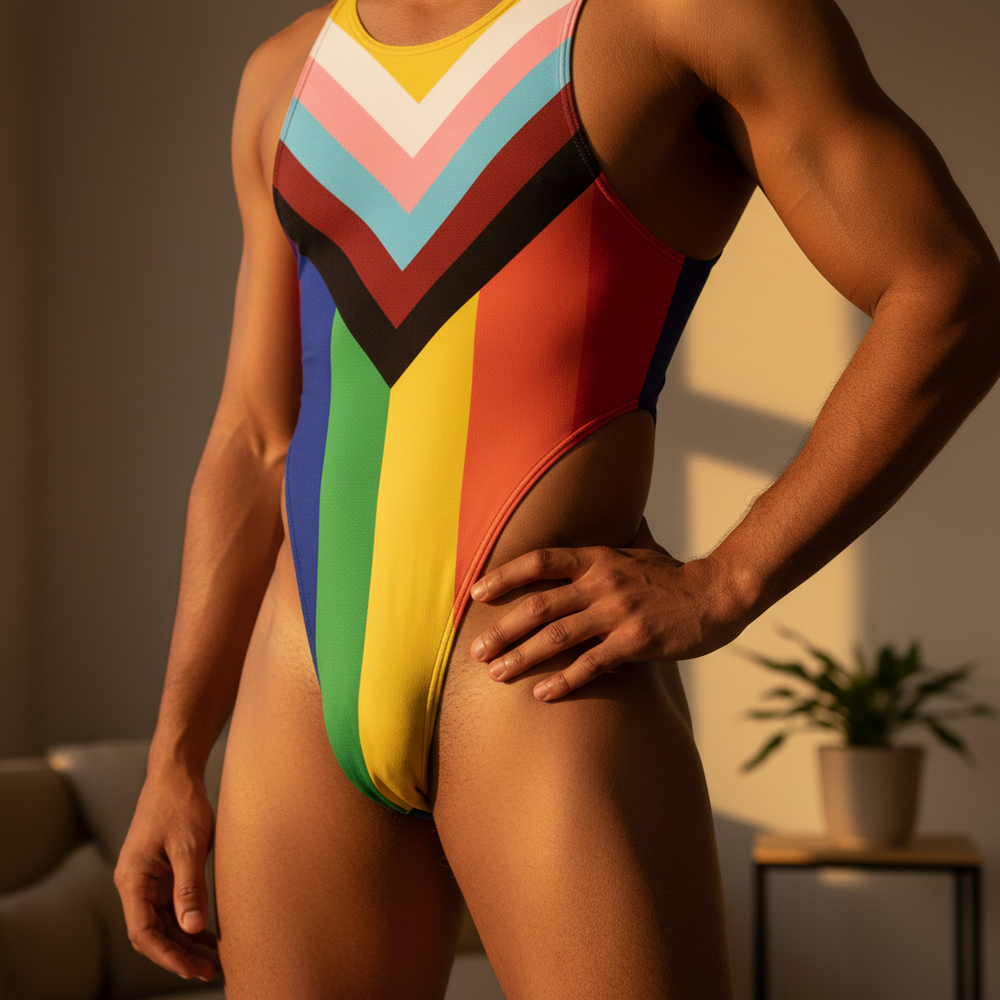Cropped model wearing a rainbow Progress Pride striped thong bodysuit