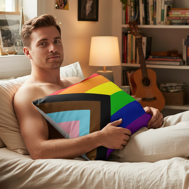 Shirtless person in bed under a beige blanket holds an LGBT Progress Pride Flag pillow; cozy room with bookshelves, guitar