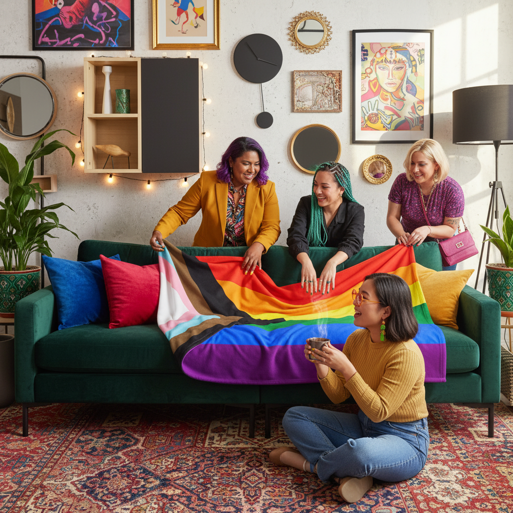 Progress Pride Flag Throw Blanket in vivid rainbow, trans, and BIPOC stripes covers a green sofa with four queer friends.