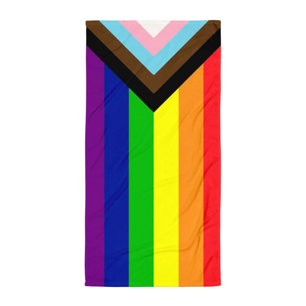 Progress Pride flag beach towel shown front-on, with rainbow stripes and chevrons