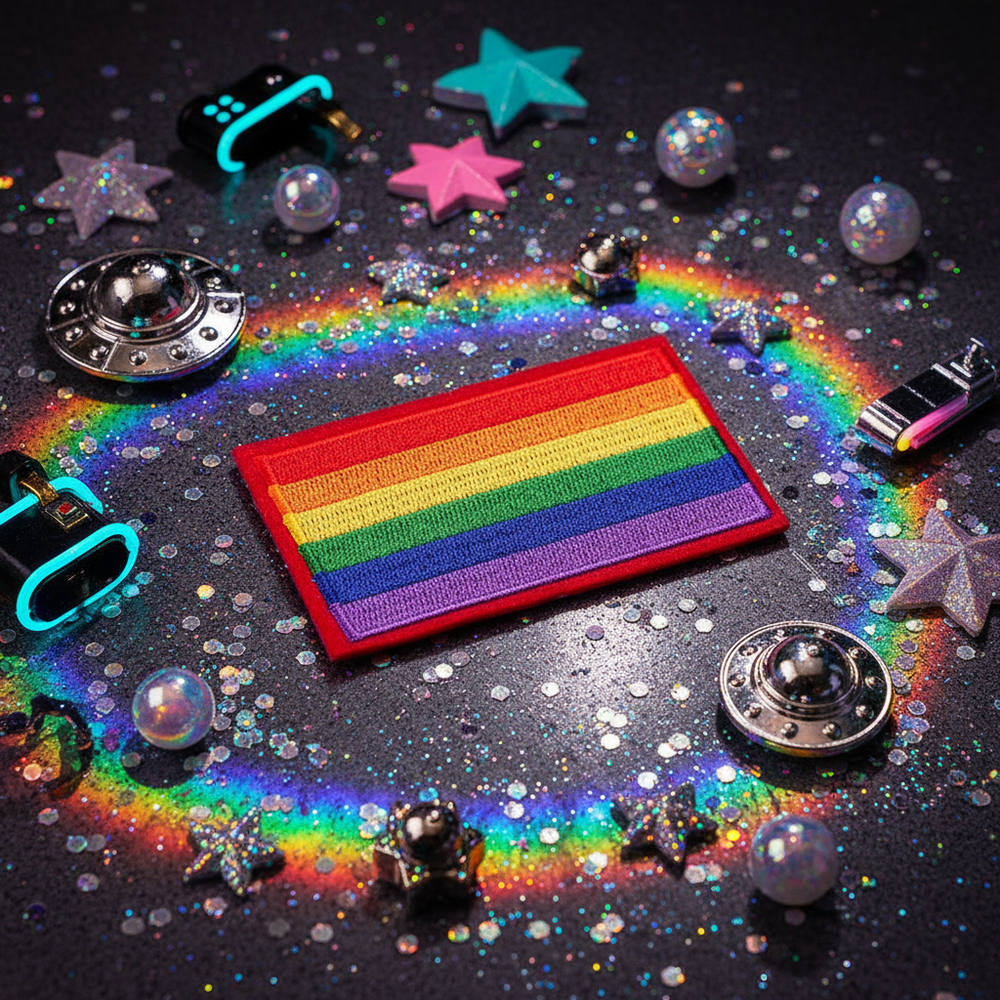 LGBT Pride Flag iron-on patch with embroidered rainbow stripes on a glittery black background, surrounded by stars, beads