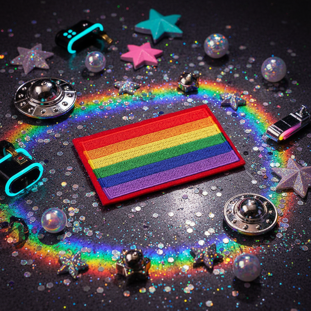 LGBT Pride Flag iron-on patch with embroidered rainbow stripes on a glittery black background, surrounded by stars, beads