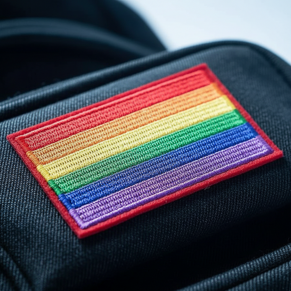 Close-up of a rainbow LGBT Pride embroidered iron-on patch on black fabric