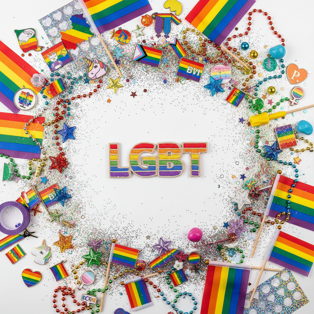 Flat lay of rainbow LGBT Pride embroidered iron-on patches, rainbow flags, buttons, beads