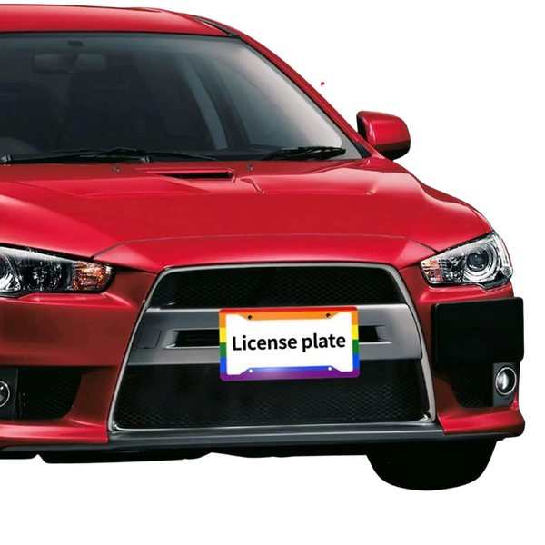 Red car front with a rainbow-bordered license plate frame reading “License plate”