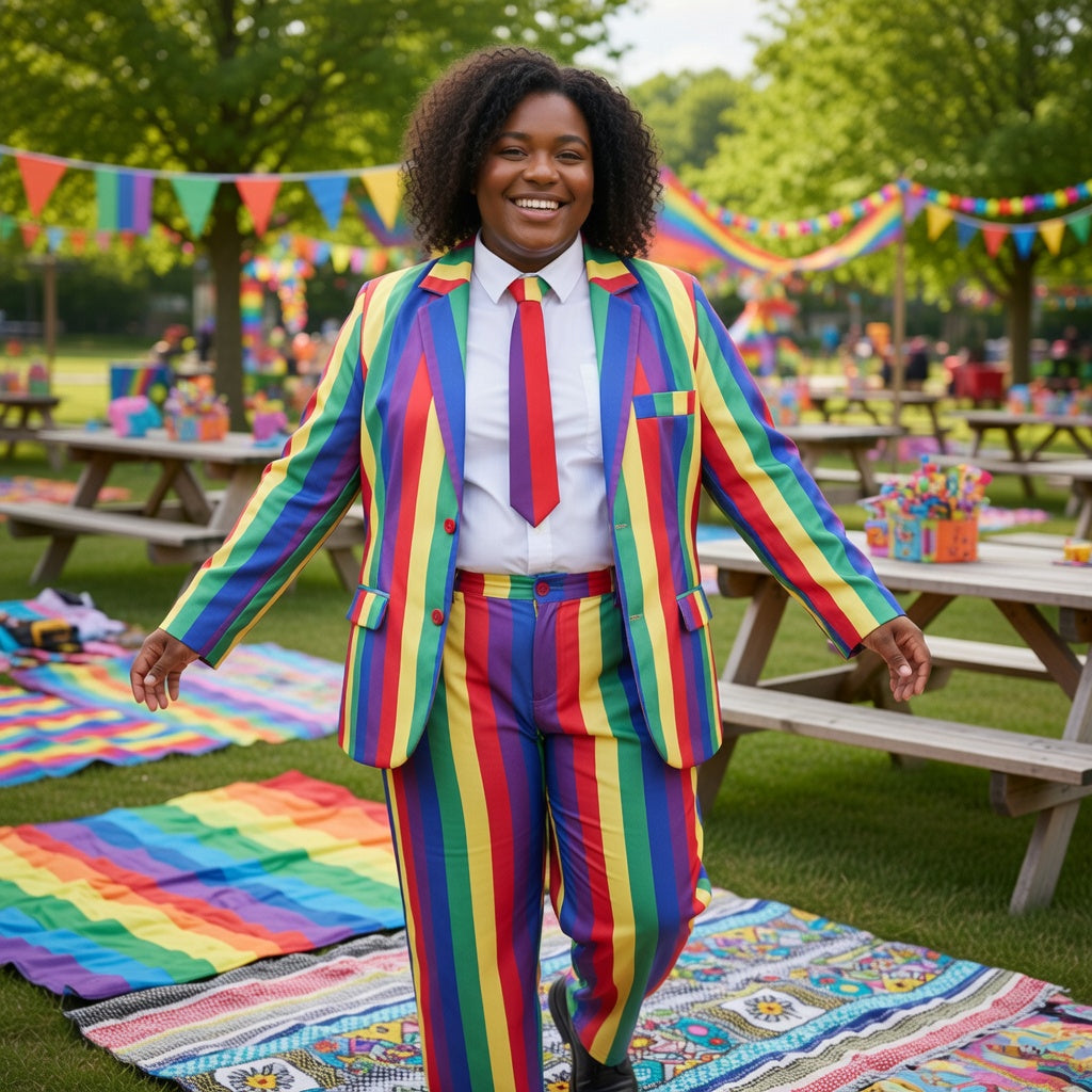 LGBT Rainbow Suit Costume with a red tie, worn at Pride outdoors among rainbow flags, picnic tables, blankets